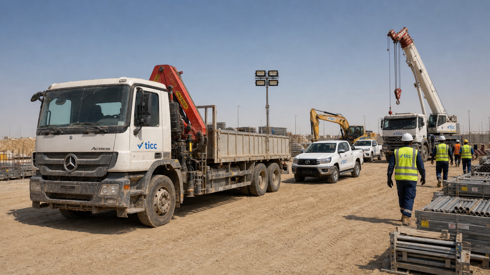 Representative TICC owned fleet, trucks, pickups, machinery, and site equipment supporting construction delivery in Saudi Arabia