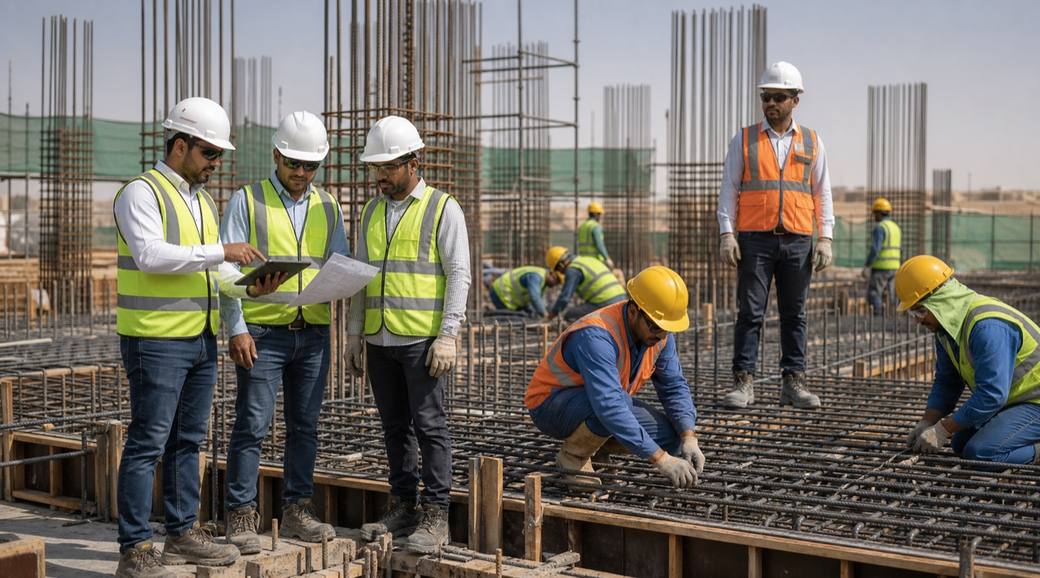 Representative civil works team inspecting reinforced concrete and rebar installation