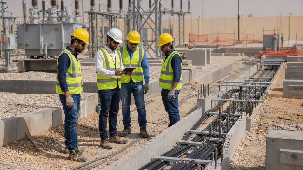 Representative infrastructure team inspecting substation and utility cable works