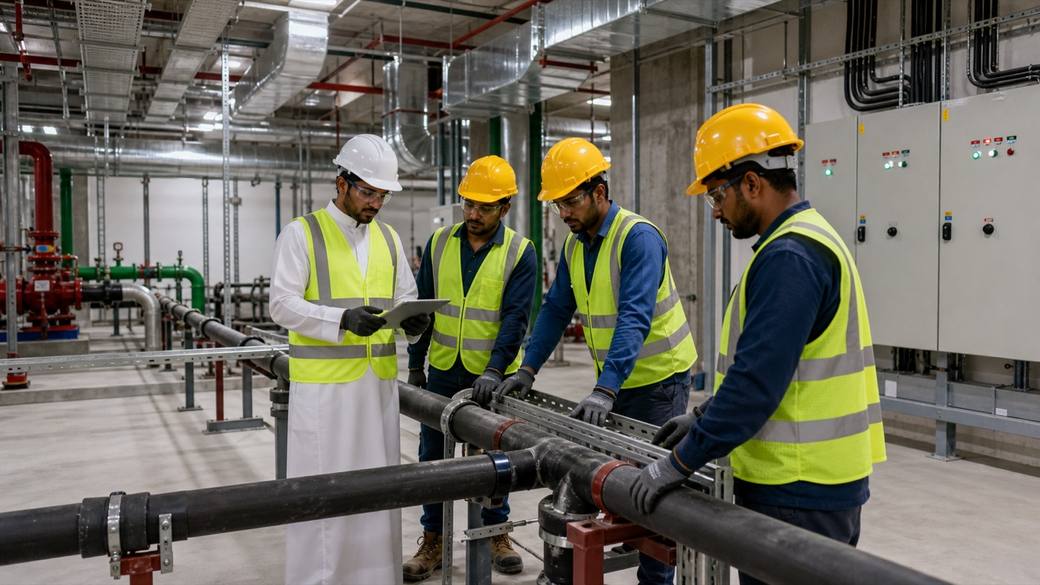 Representative MEP team inspecting mechanical, electrical, and plumbing systems installation